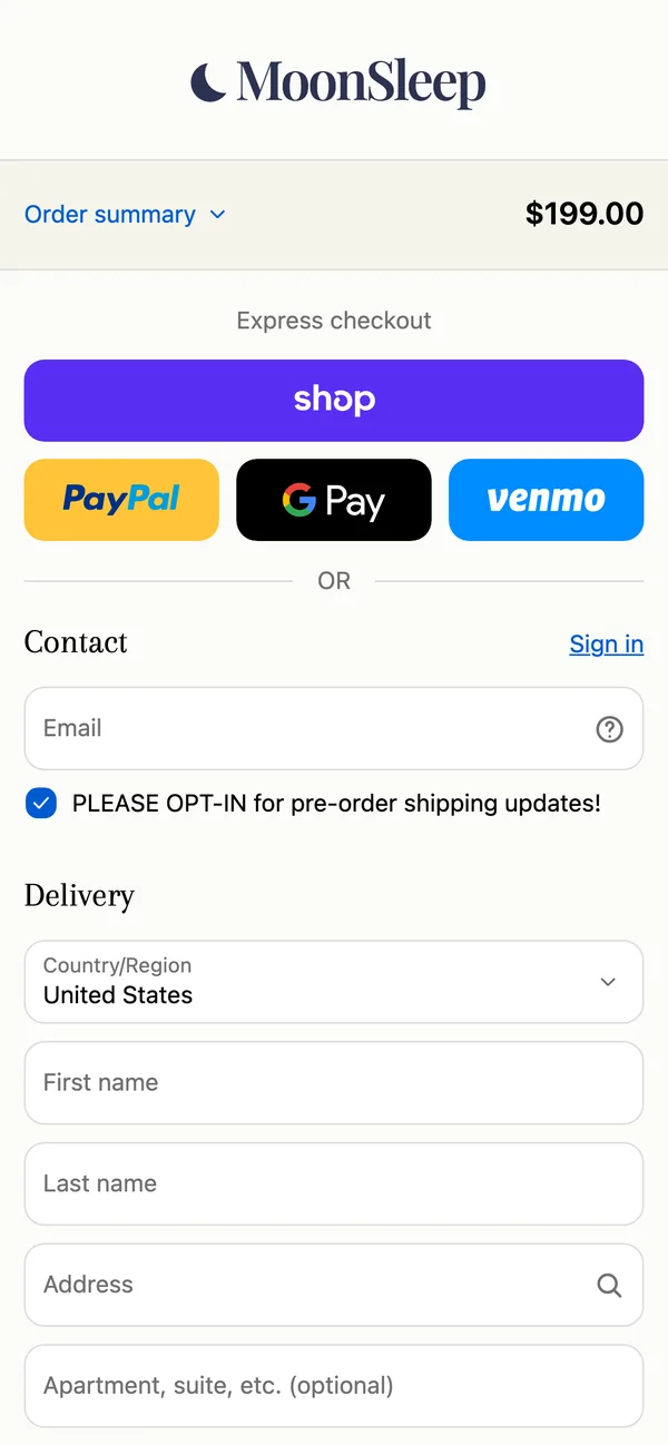 MoonSleep checkout page with contact and delivery fields