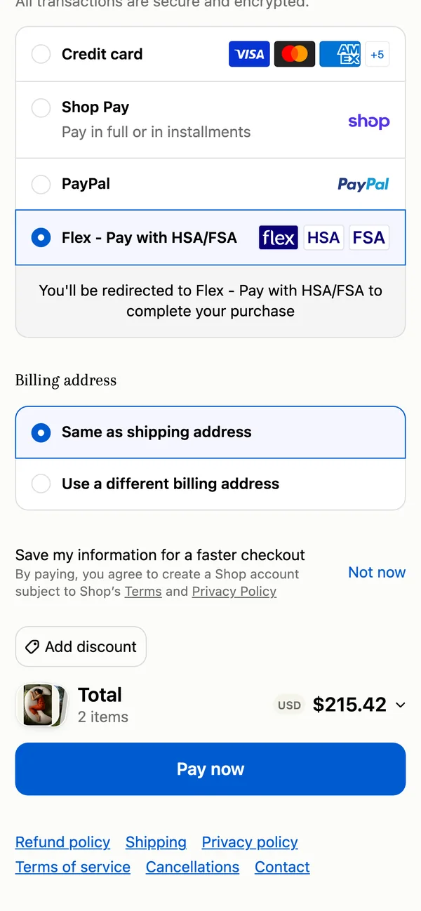 Checkout payment options with Flex - Pay with HSA/FSA selected