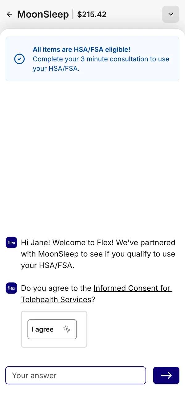 Flex checkout starting the HSA/FSA telehealth consultation for a MoonSleep order