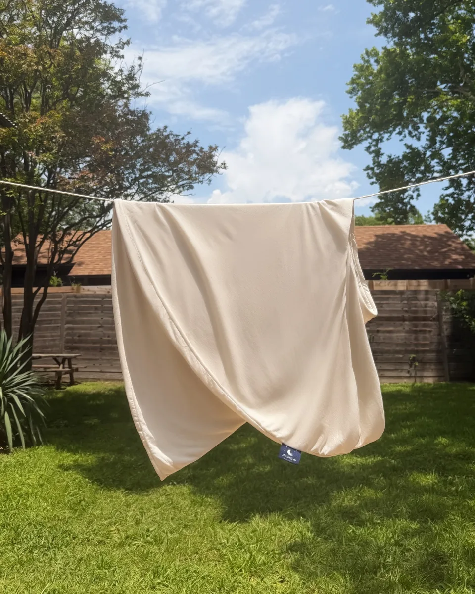 Champagne MoonSpoon Eucalyptus Tencel™ cover photographed outdoors